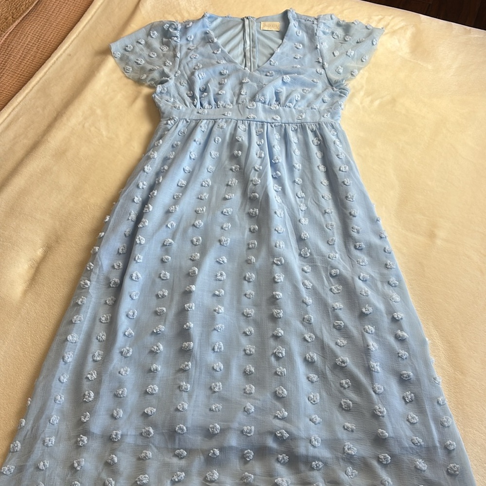 Women's BELLA ELLA Baby Blue Boutique Polka Dot Textured Midi Dress Size S Sassy